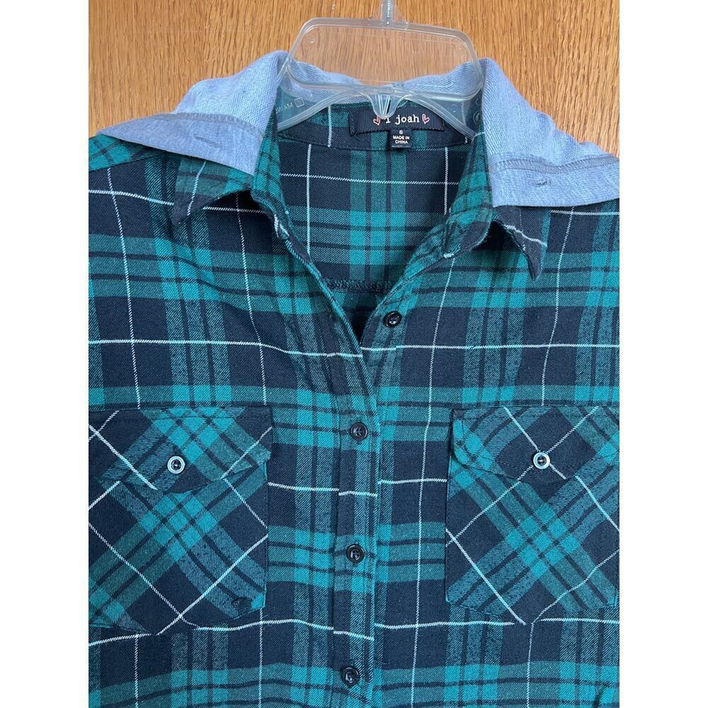 I Joah Plaid Button Down Long Sleeve Hoodie Green Black Shirt, Women's S